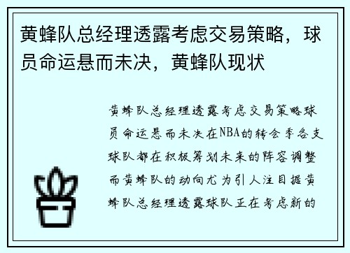 黄蜂队总经理透露考虑交易策略，球员命运悬而未决，黄蜂队现状