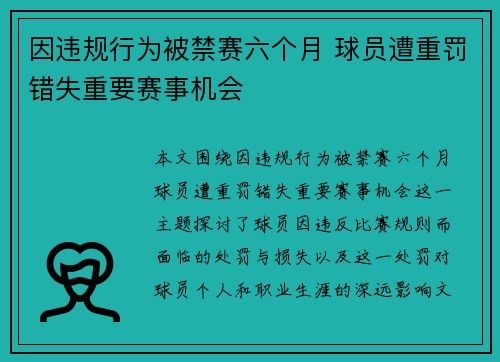 因违规行为被禁赛六个月 球员遭重罚错失重要赛事机会 因违规行为被禁赛六个月 球员遭重罚错失重要赛事机会